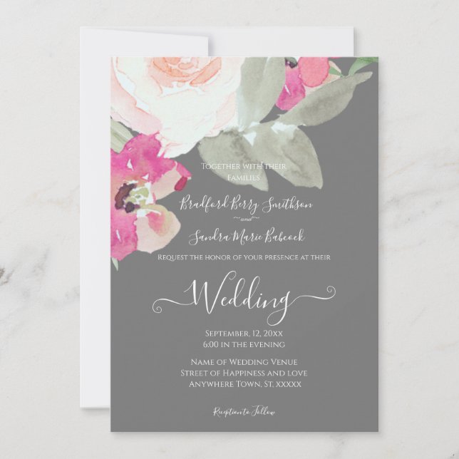 Invitación a la boda floral rosa-gris-rosada moder (Anverso)