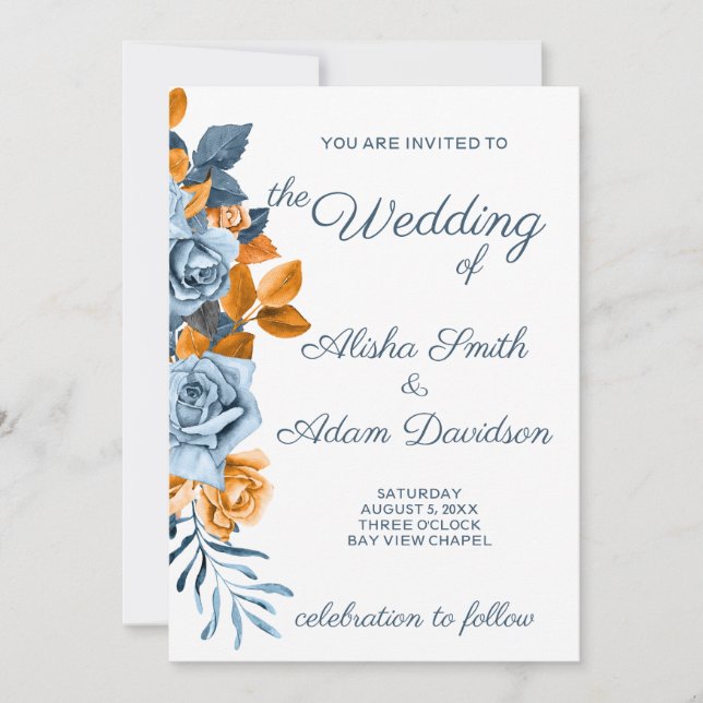 Invitación a la boda floral Rosa Indigo & Rust Boh (Anverso)