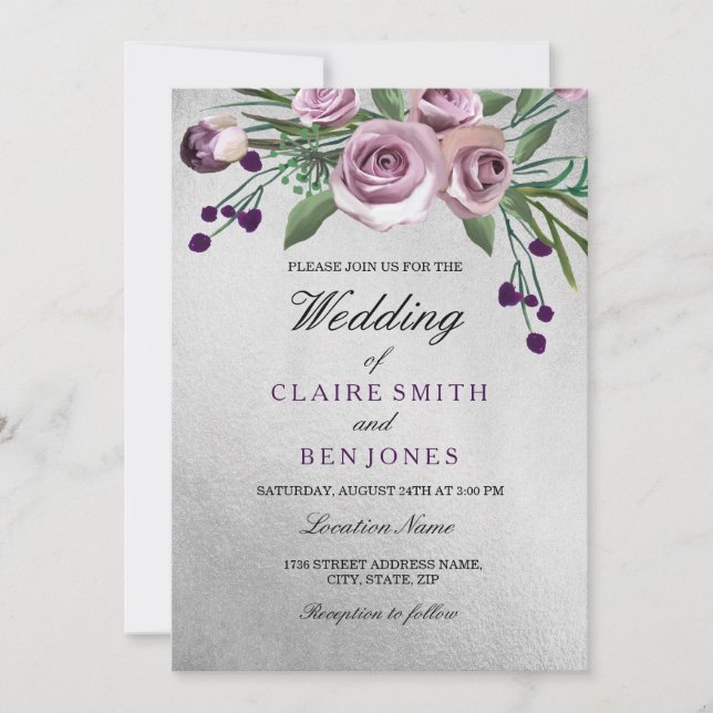 Invitación a la boda floral Rosa morado de plata r (Anverso)