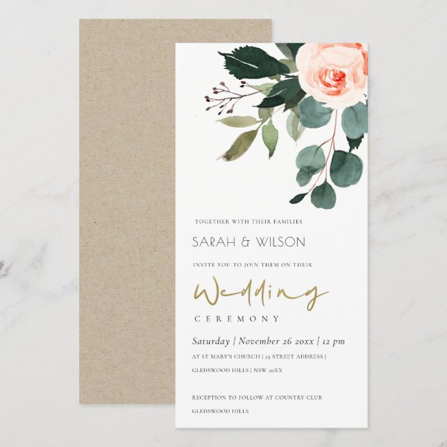 Invitación a la boda floral rosa Rosa de Eucalyptu (Anverso / Reverso)