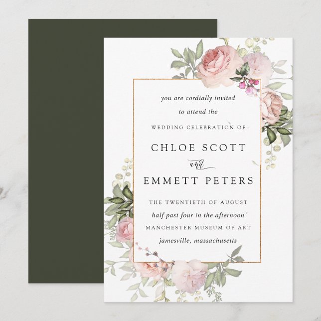 Invitación a la boda floral rosa rosa de Rubor (Anverso / Reverso)