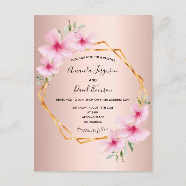 Invitación a la boda floral rosa rosa rosa y dorad (Anverso)