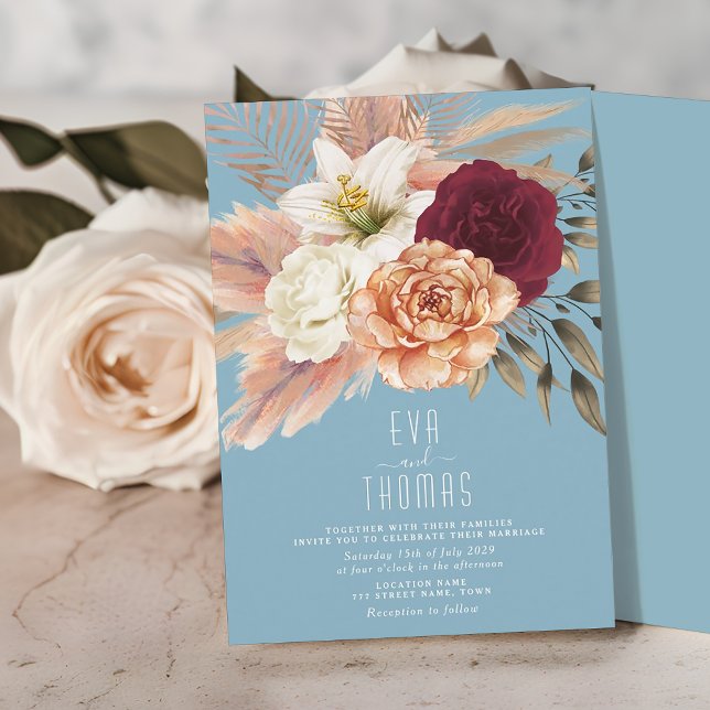 Invitación a la boda floral rosa rosa y azul turqu (Subido por el creador)