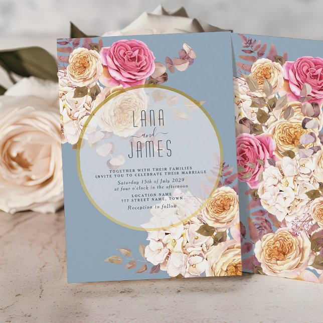 Invitación a la boda floral rosa rosa y azul turqu (Subido por el creador)