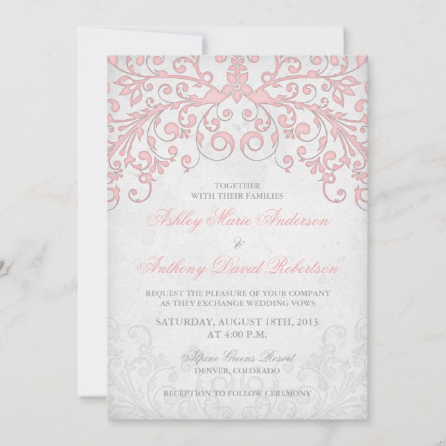 Invitación a la boda floral rosa rosa y rosa de Ru (Anverso)
