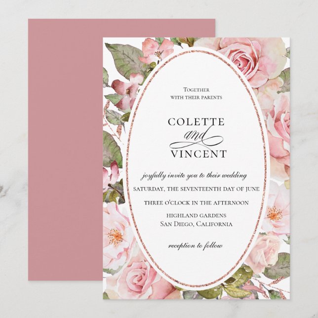 Invitación a la boda floral rosa Rubor (Anverso / Reverso)