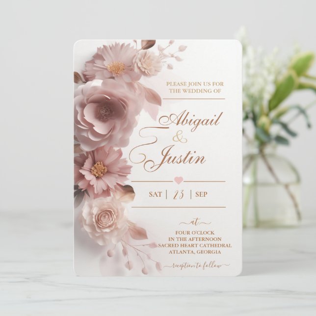 Invitación a la boda floral rosa Rubor Flores blan (Anverso de pie)