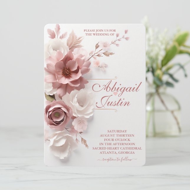 Invitación a la boda floral rosa Rubor Flores blan (Anverso de pie)