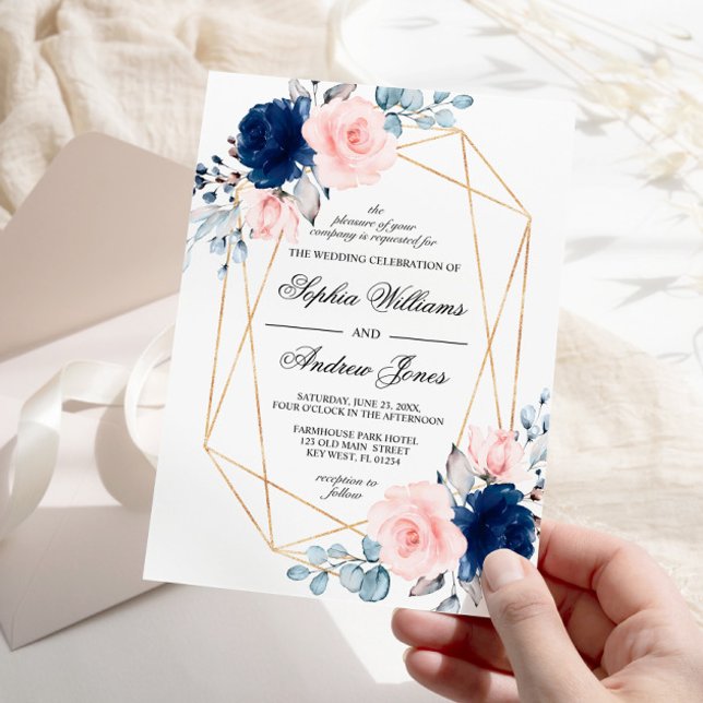 Invitación a la boda floral rosa y azul de la mari (Subido por el creador)