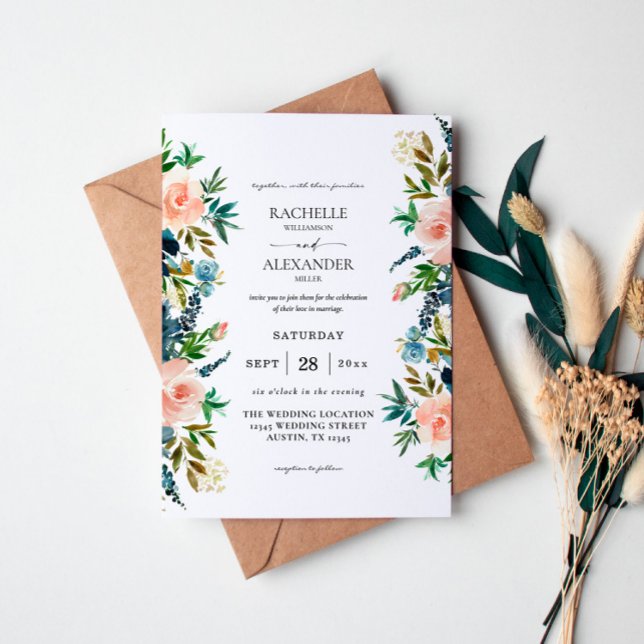 Invitación a la boda floral rosa y azul turquesa (Subido por el creador)