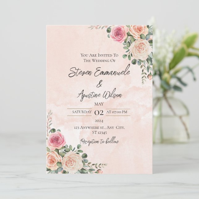 Invitación a la boda floral rosa y crema (Anverso de pie)