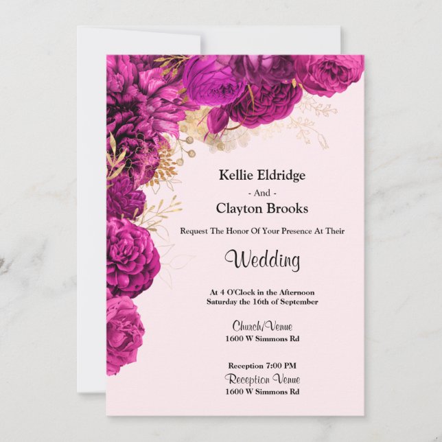 Invitación A La Boda Floral Rosa Y Dorada (Anverso)