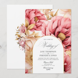 Invitación a la boda floral rosa y dorada