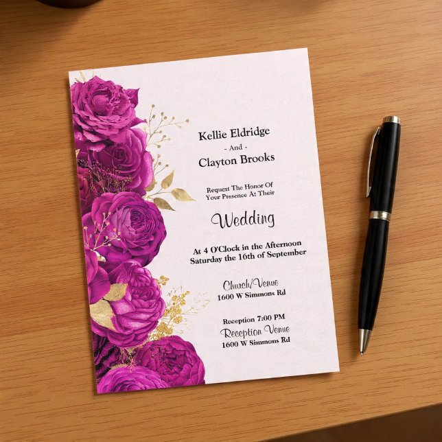 Invitación A La Boda Floral Rosa Y Dorada (Subido por el creador)