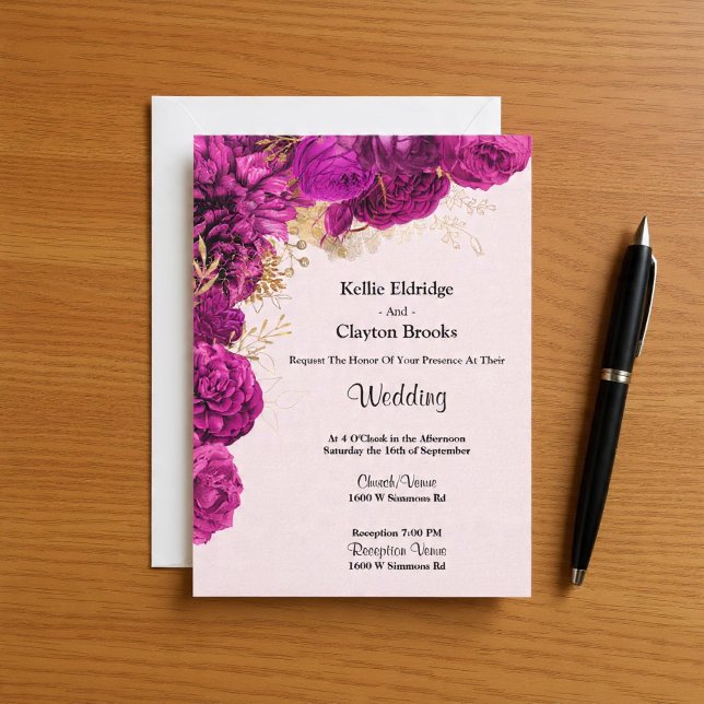 Invitación A La Boda Floral Rosa Y Dorada (Subido por el creador)