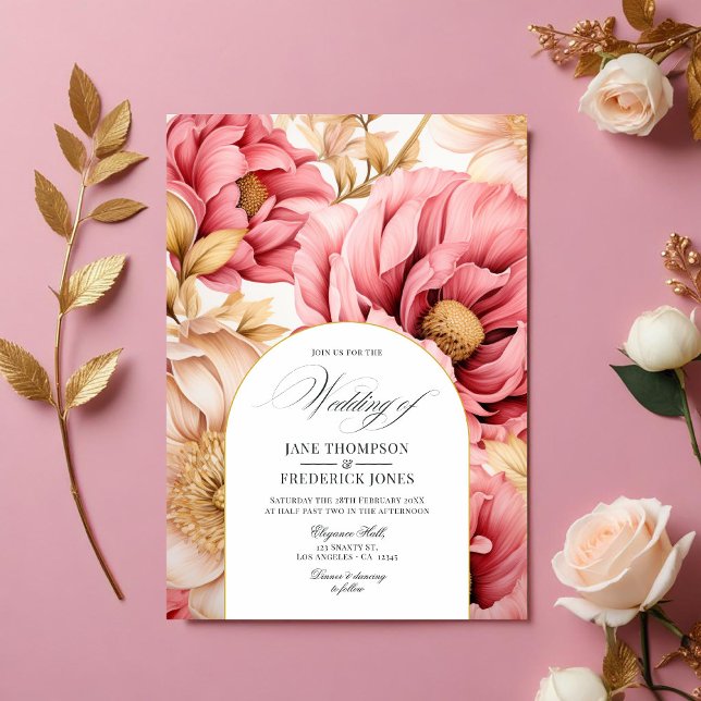Invitación a la boda floral rosa y dorada (Pink and Gold Floral Wedding Invitation)