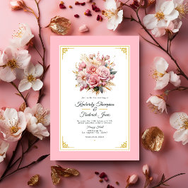 Invitación a la boda floral rosa y dorada
