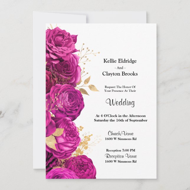 Invitación A La Boda Floral Rosa Y Dorada (Anverso)