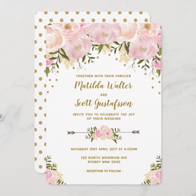Invitación a la boda floral rosa y dorada de Rubor (Anverso / Reverso)