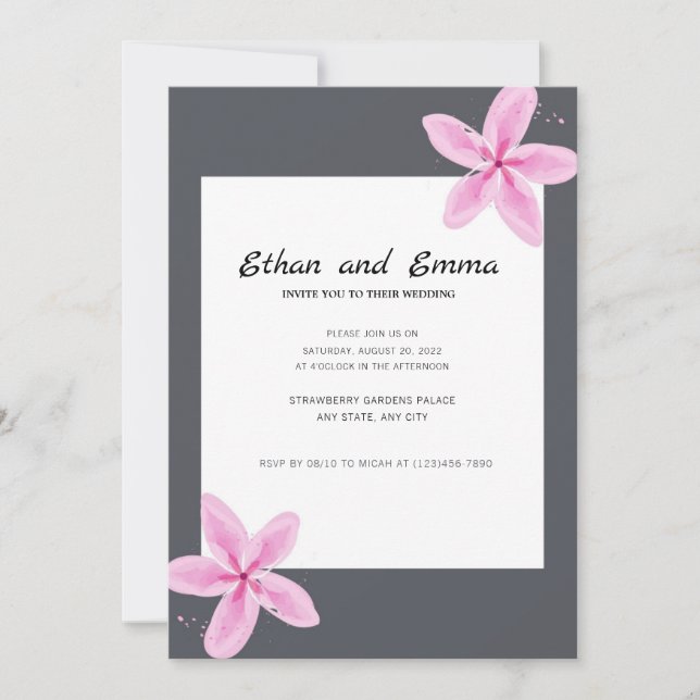 Invitación a la boda floral rosa y gris (Anverso)
