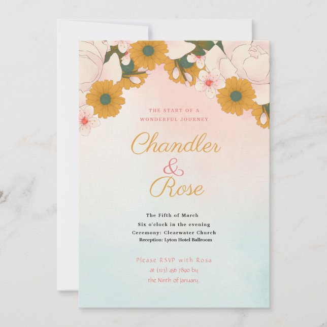 Invitación a la boda floral rosa y naranja (Anverso)