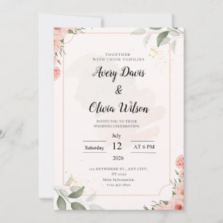 Invitación a la boda floral rosa y negra
