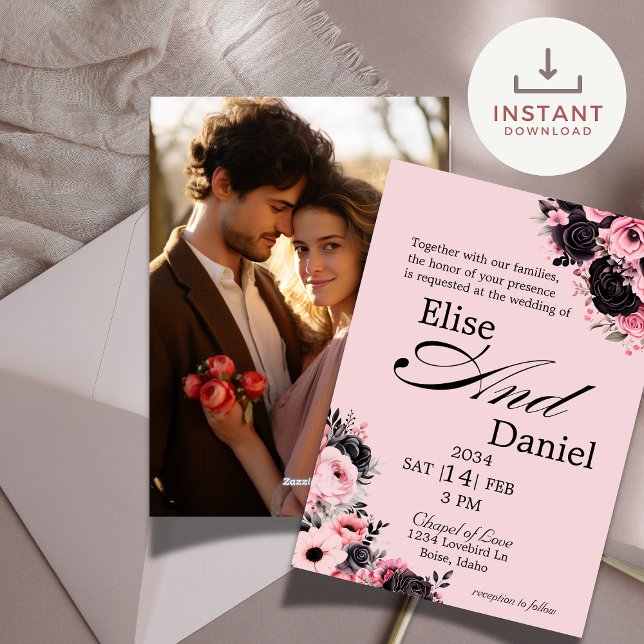 Invitación a la boda floral rosa y negra de bonito (Subido por el creador)
