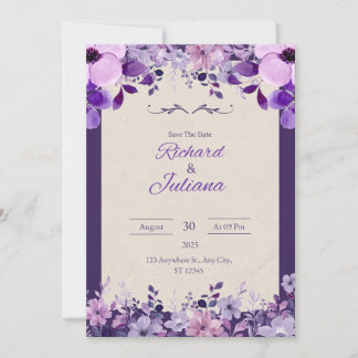 Invitación a la boda floral rosa y púrpura