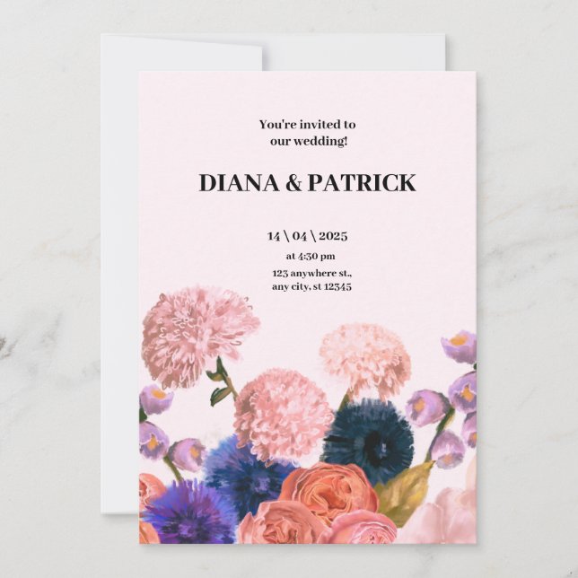 Invitación a la boda floral rosa y púrpura (Anverso)
