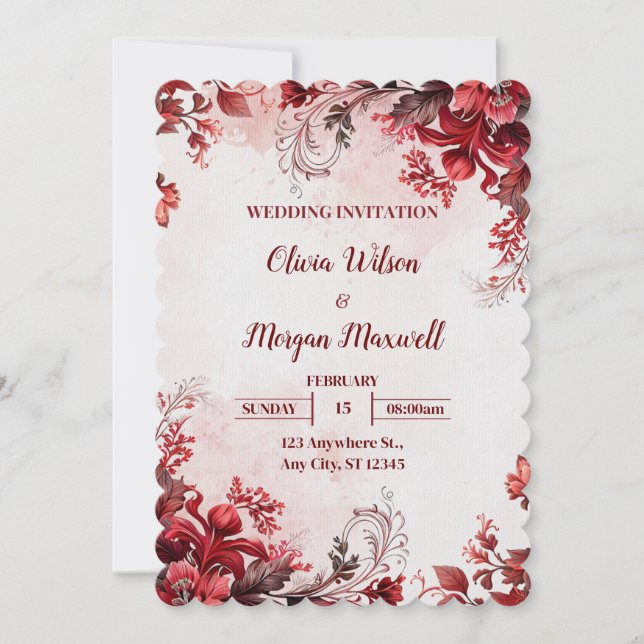 Invitación a la boda floral rosa y roja (Anverso)