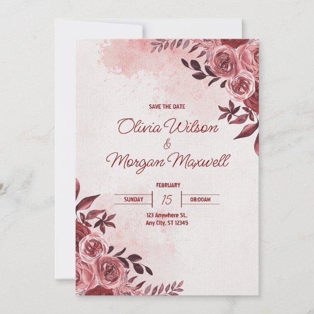 Invitación a la boda floral rosa y roja (Anverso)