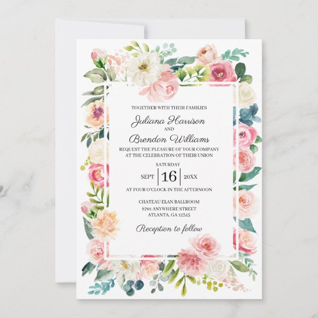 Invitación a la boda floral rosa y rosa (Anverso)