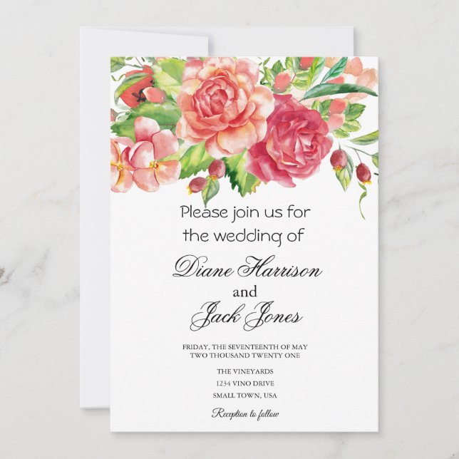 Invitación a la boda floral rosa y rosa (Anverso)
