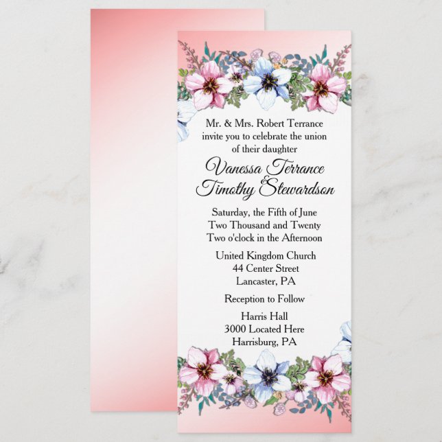 Invitación a la boda floral rosada (Anverso / Reverso)