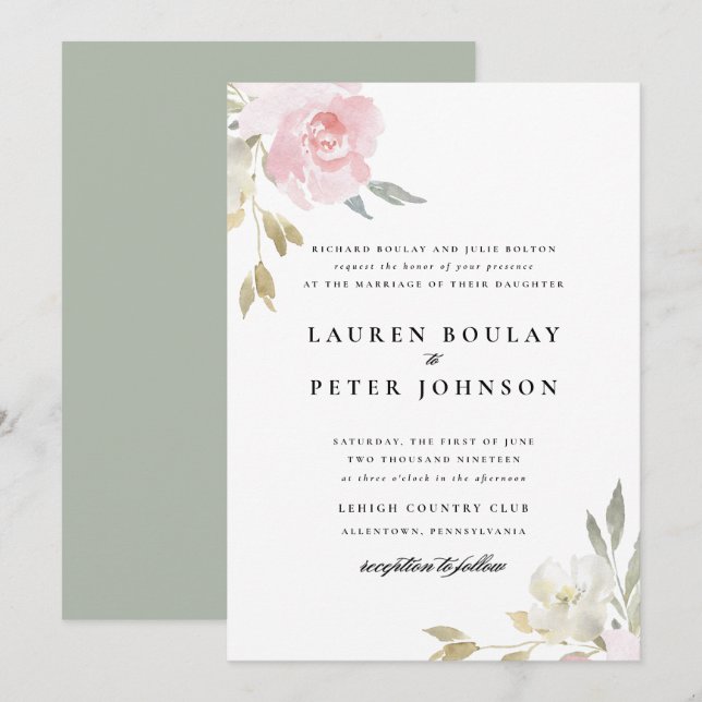 Invitación a la boda floral rosada clásica (Anverso / Reverso)