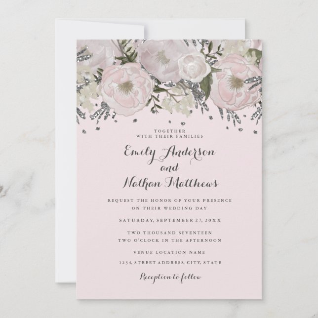 Invitación a la boda floral rosada de bonito Rubor (Anverso)