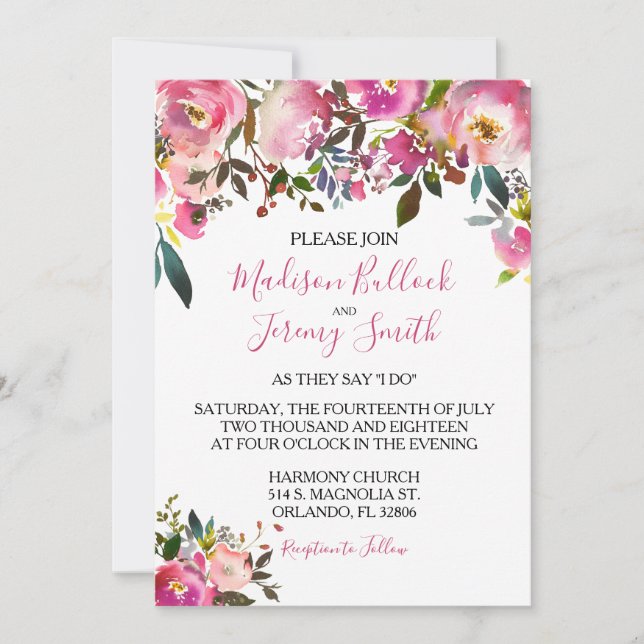 Invitación a la boda floral rosada de verano (Anverso)