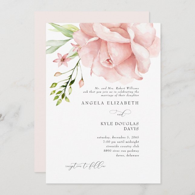 Invitación a la boda floral rosada moderna (Anverso / Reverso)