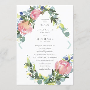 Invitación a la boda floral rosada Protea