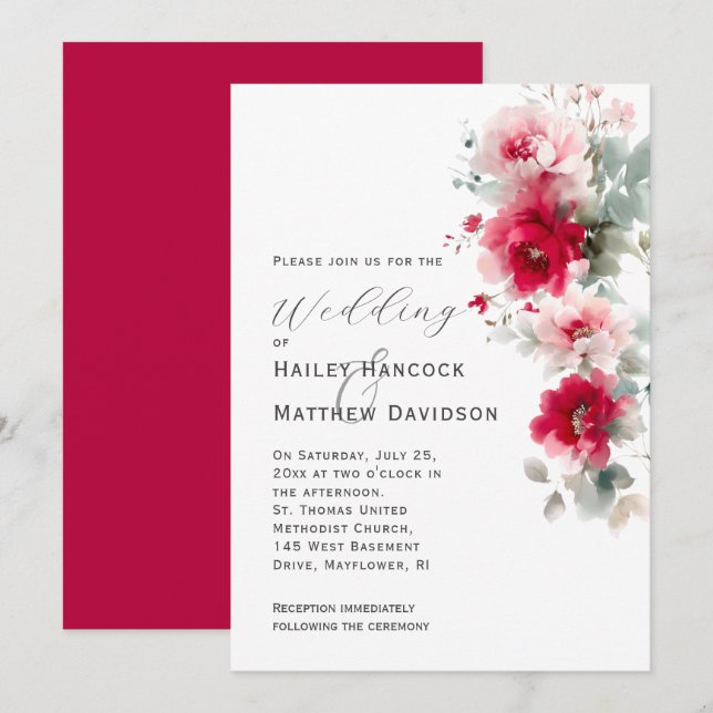 Invitación a la boda floral rosada y roja Rosa (Anverso / Reverso)