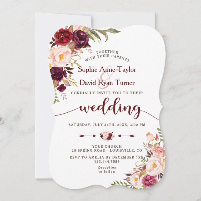 Invitación a la boda floral Rubor de Burgundy Mars (Anverso)