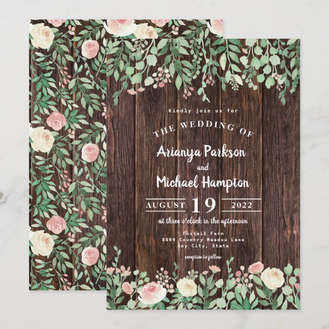 Invitación a la boda floral Rustic Wood Rubor (Anverso / Reverso)