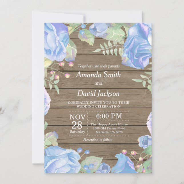 Invitación a la boda floral rústica acuarela azul (Anverso)