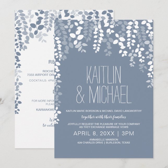 Invitación a la boda floral rústica (azul turbio) (Anverso / Reverso)