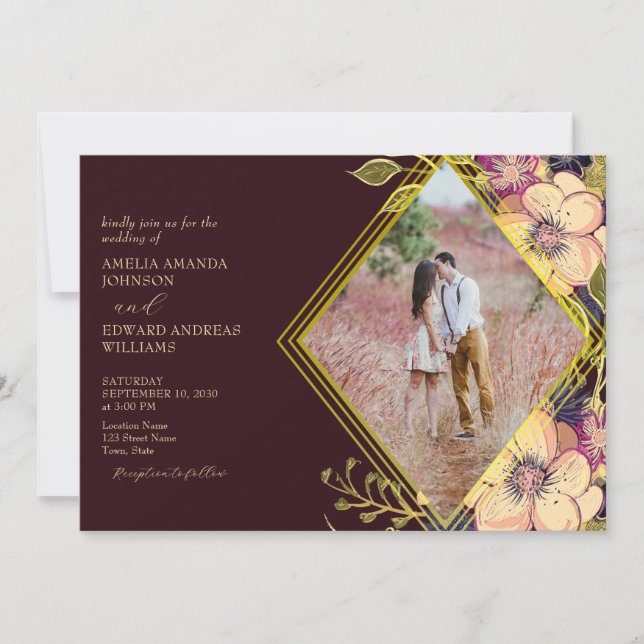 Invitación a la boda floral rústica de Borgoña (Anverso)
