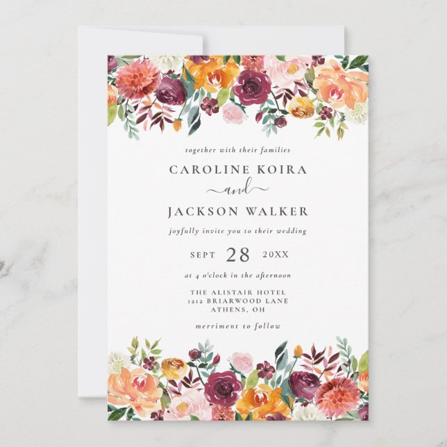 Invitación a la boda floral rústica de otoño (Anverso)