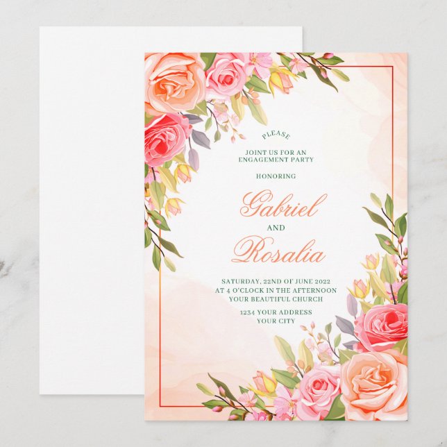 Invitación a la boda floral Rústica de rosa rosa R (Anverso / Reverso)