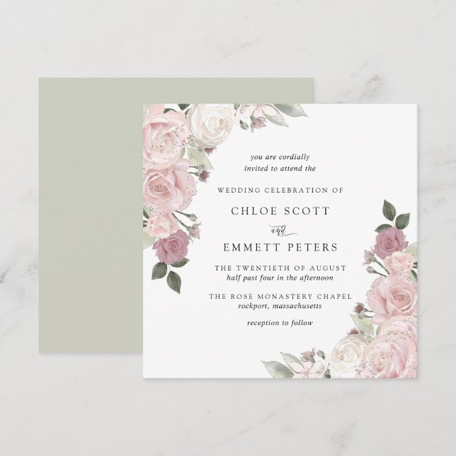 Invitación a la boda floral Rústica de rosa rosa R (Anverso / Reverso)