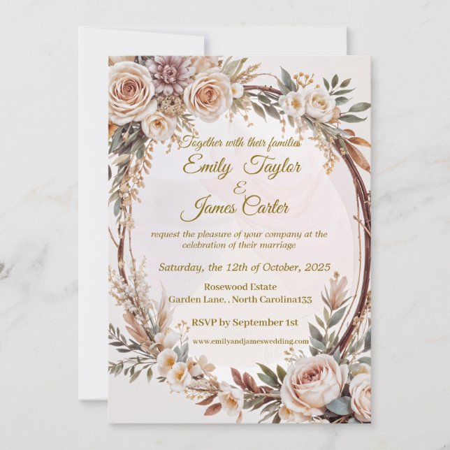 Invitación a la boda floral rústica de Rubor (Anverso)
