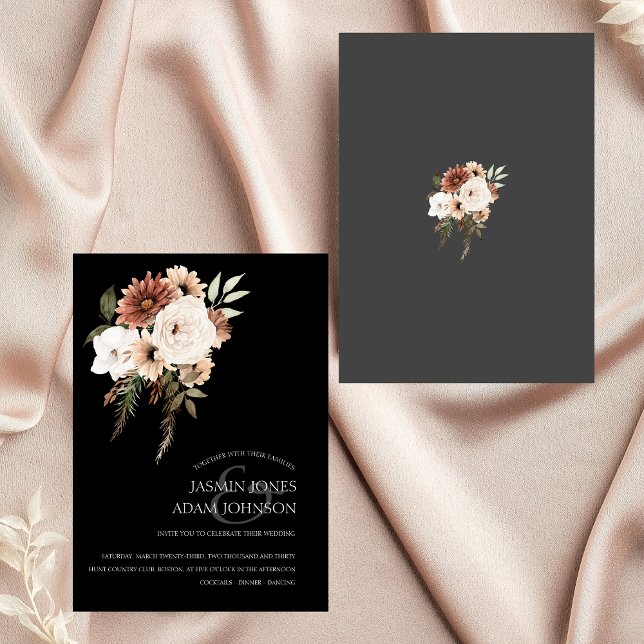 Invitación a la boda floral rústica en negro y bla (Rustic Black and Peach Floral Wedding Invitation)